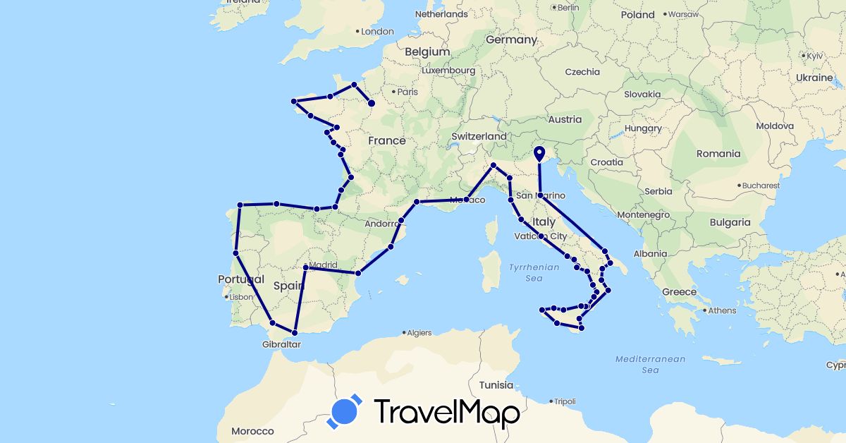 TravelMap itinerary: driving in Spain, France, Italy, Portugal, San Marino (Europe)